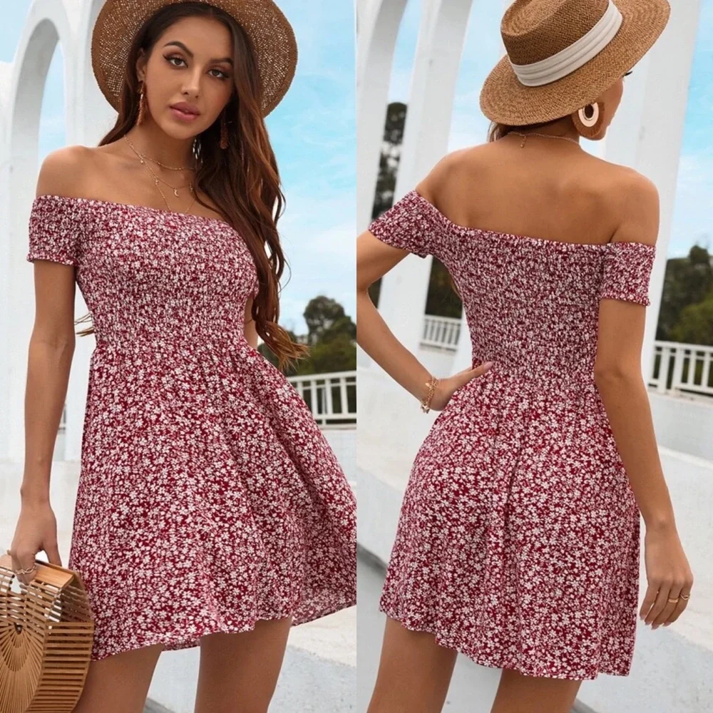 Shirred off the shoulder floral print dress boho gypsy blue - Picture 7 of 8